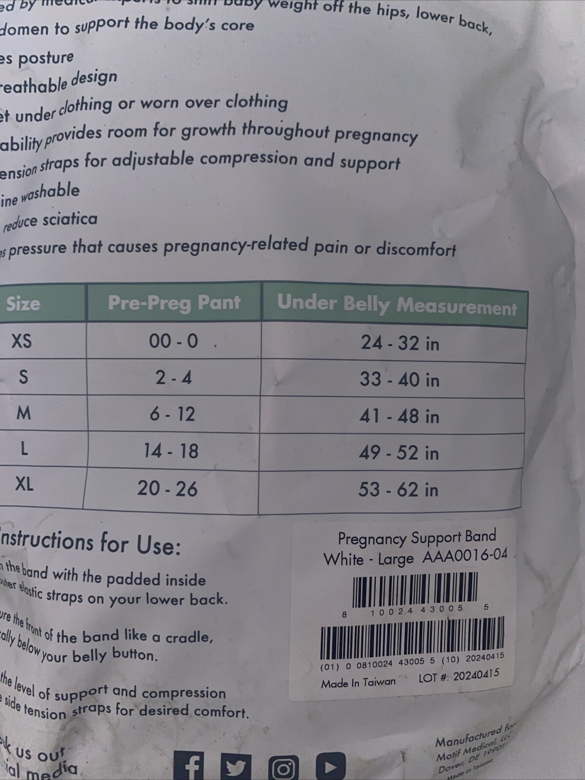 Motif Medical Pregnancy Support Band – Large 49 – 52 inches. M