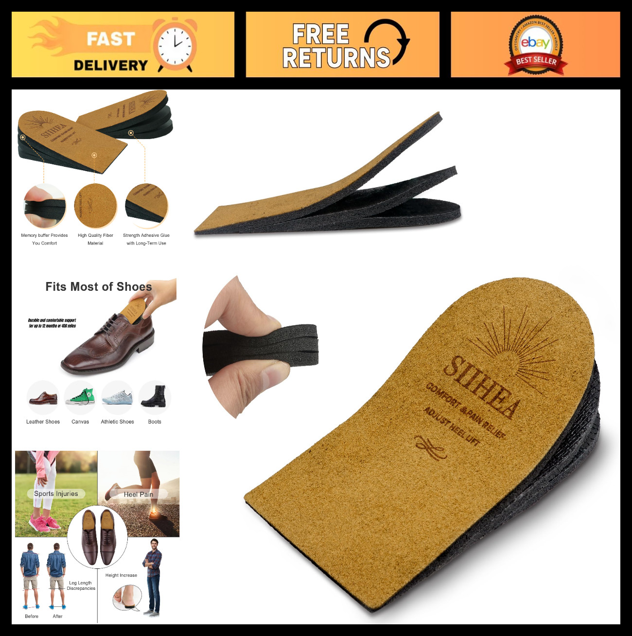 Adjustable Heel Lift Inserts – 1/8″ Height Increase Insoles for Pain Relief & Di