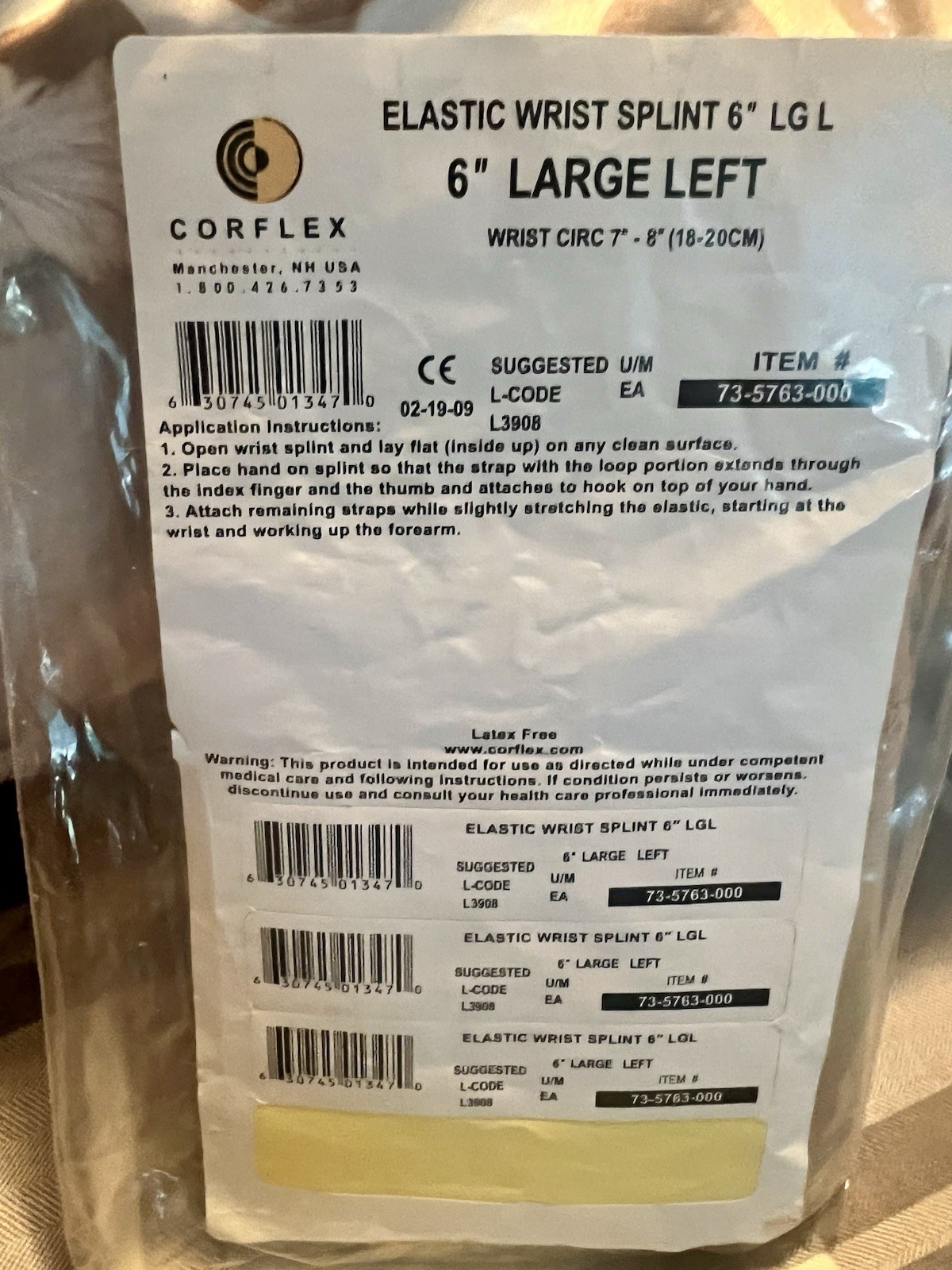 Corflex Left Elastic Wrist Splint Sz L 6” Large 73-5753.000 NEW In package
