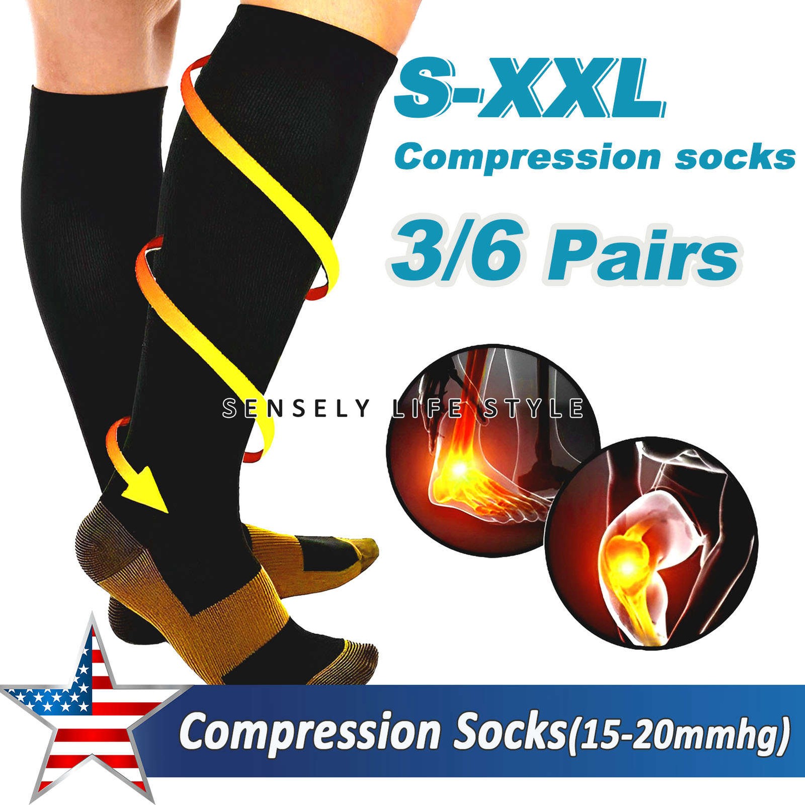 Mujeres Medias De Compresion Graduada Hombres 3/6 Pares Talla Grande S-XXL