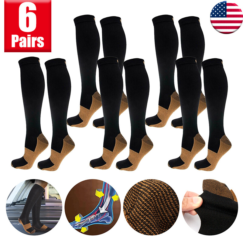6 Pairs Copper Compression Socks 20-30mmHg Graduated Support Mens Womens S/M-XXL