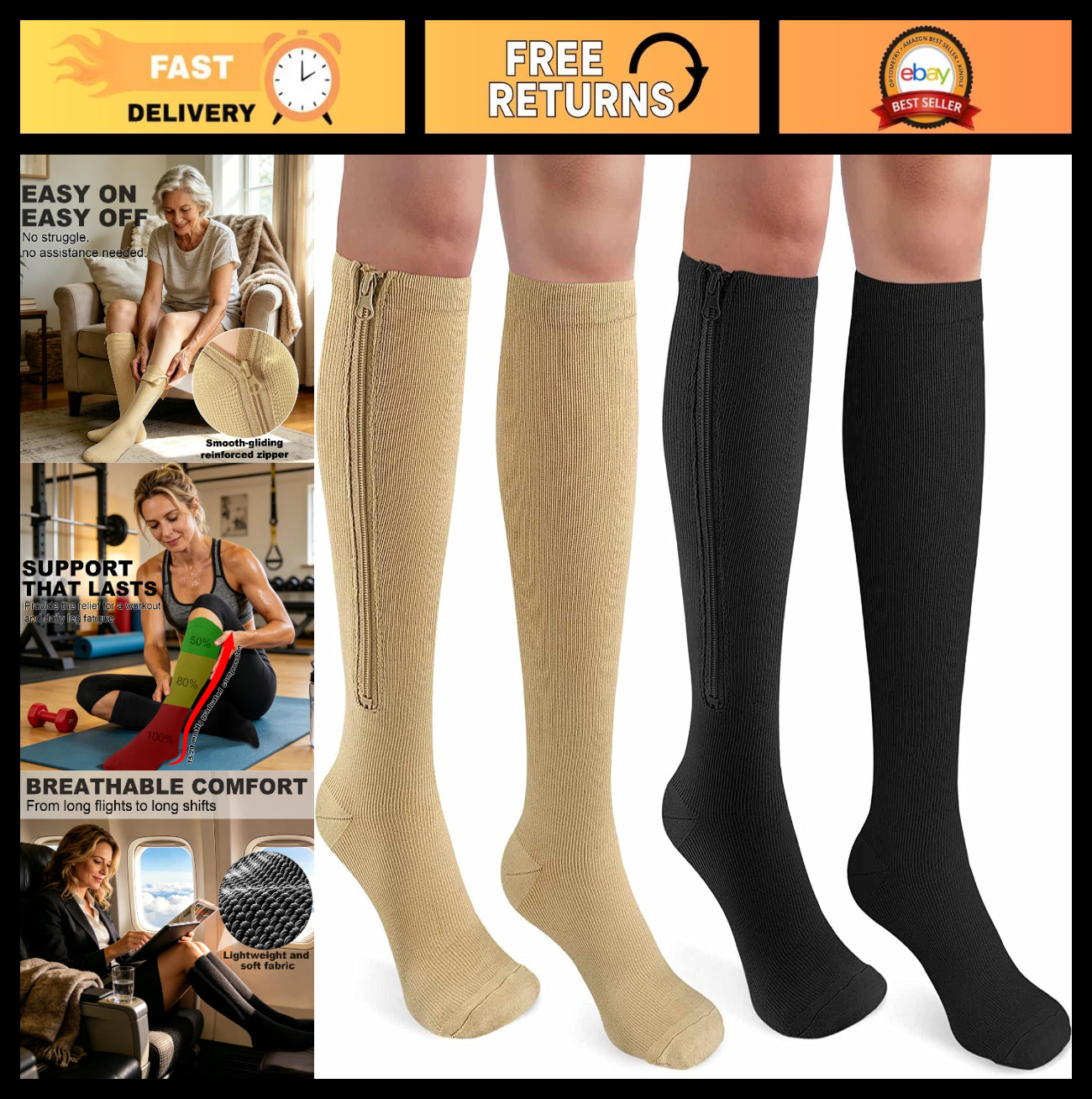 2 Pairs Compression Socks 15-20 mmHg Knee High Support for Varicose Veins & Edem