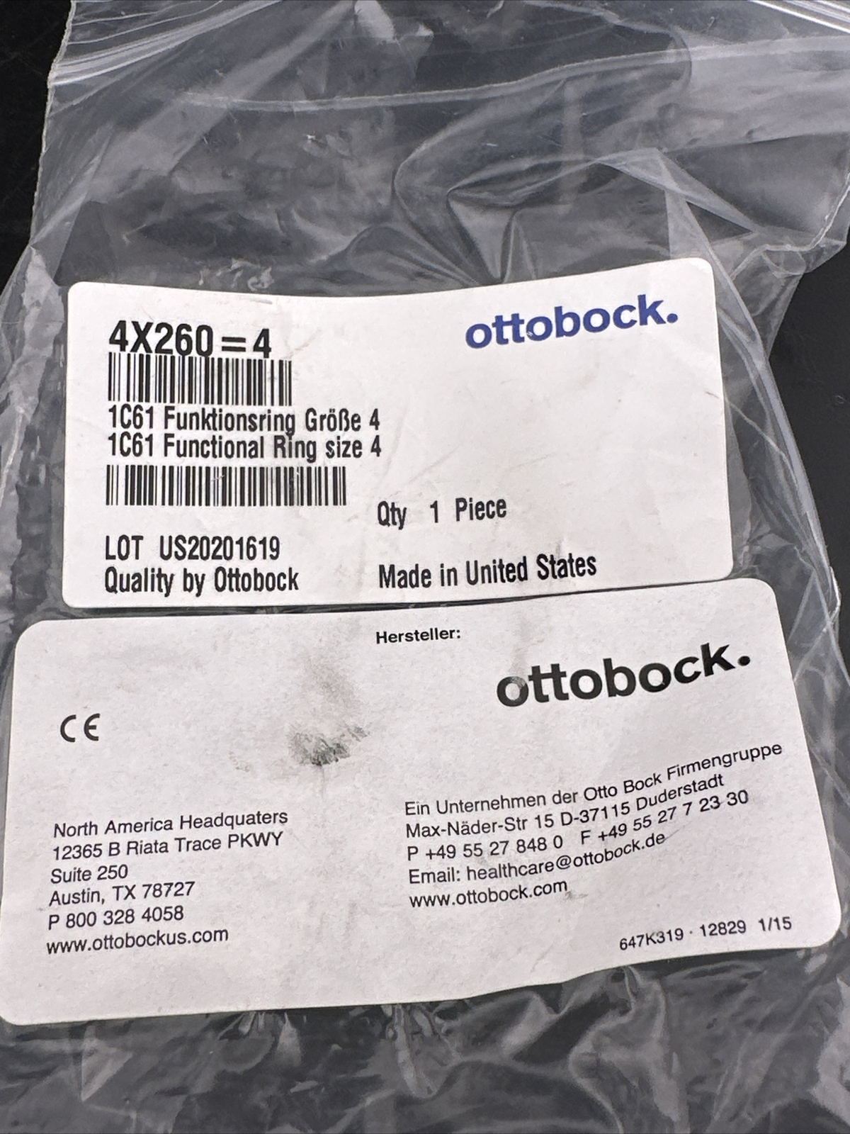 OTTOBOCK Otto Bock 1C61 Functional Ring Size 4x 4×260 Prosthetic Ring. New