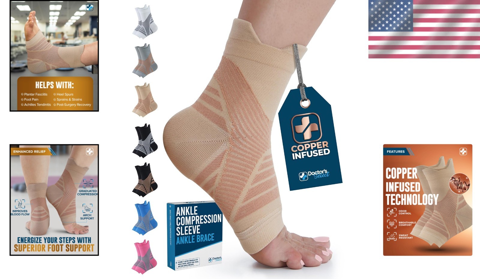Copper Ankle Compression Sleeve for Pain Relief – Open-Toe Design – Medium Size