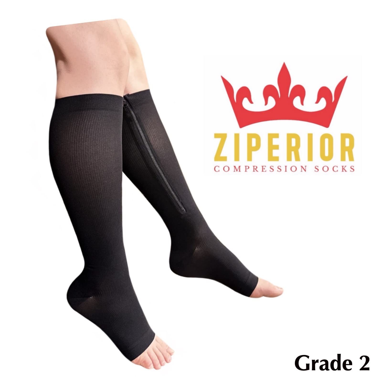 Inside Leg Zipper Compression Socks 20-30 mmHg Calf Open Toe Hosiery Black