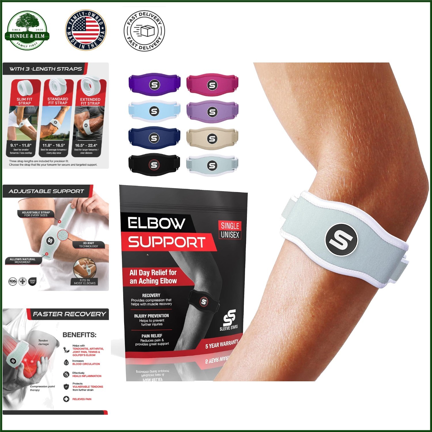 Adjustable Elbow Brace for Tendonitis Relief, Support Wrap for Pain Relief