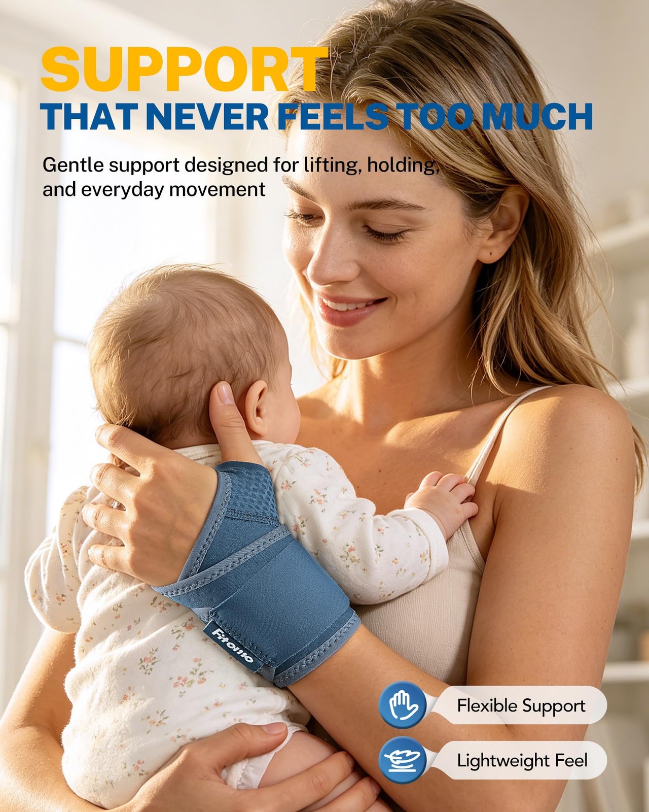 Fitomo Wrist Brace with Soft-Touch Fabric, Breathable Compression S/M, Blue