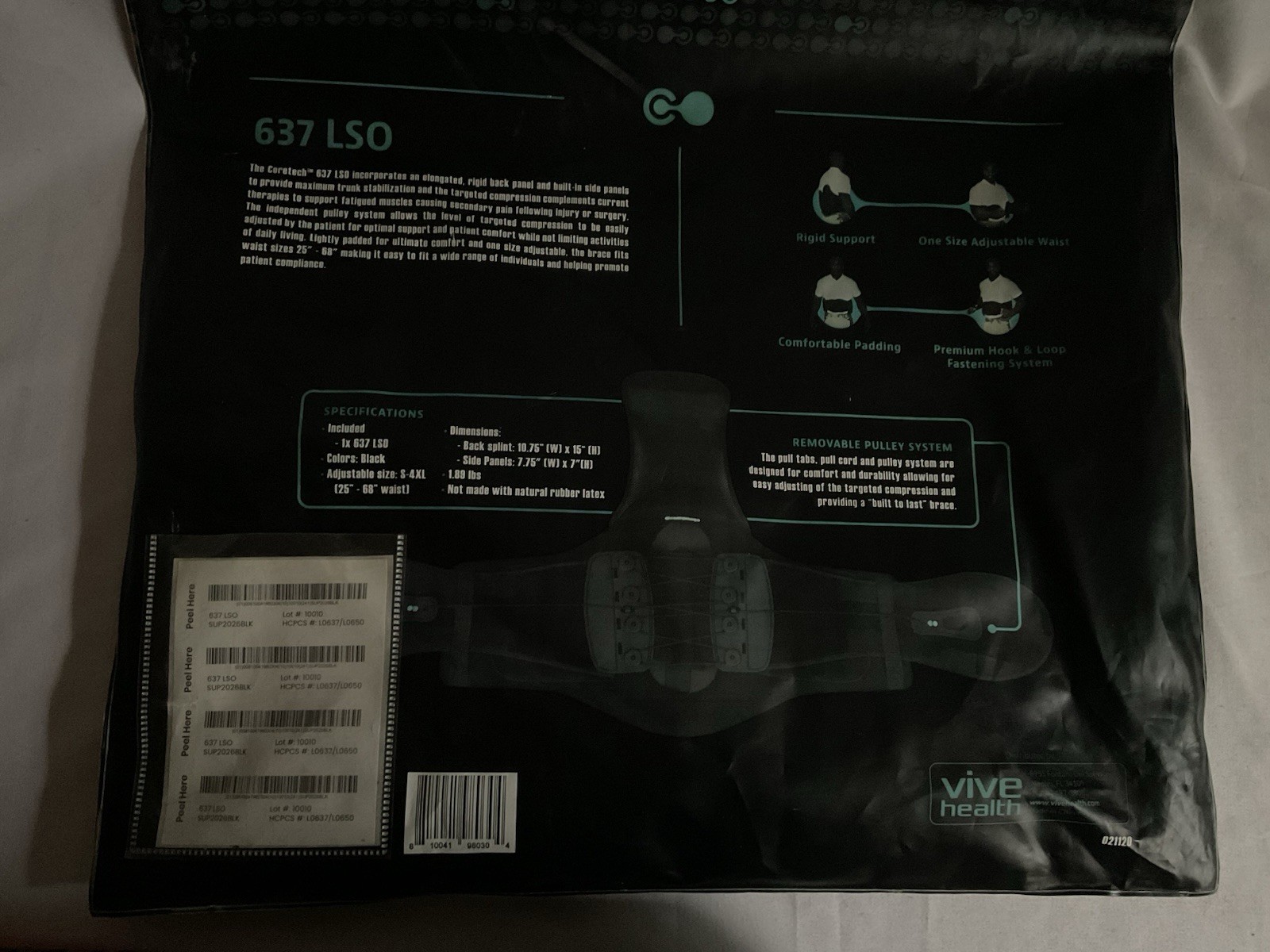 Vive Health 637 Lumbar Brace Back Support SUP2026BLK Adjustable Small – XXL