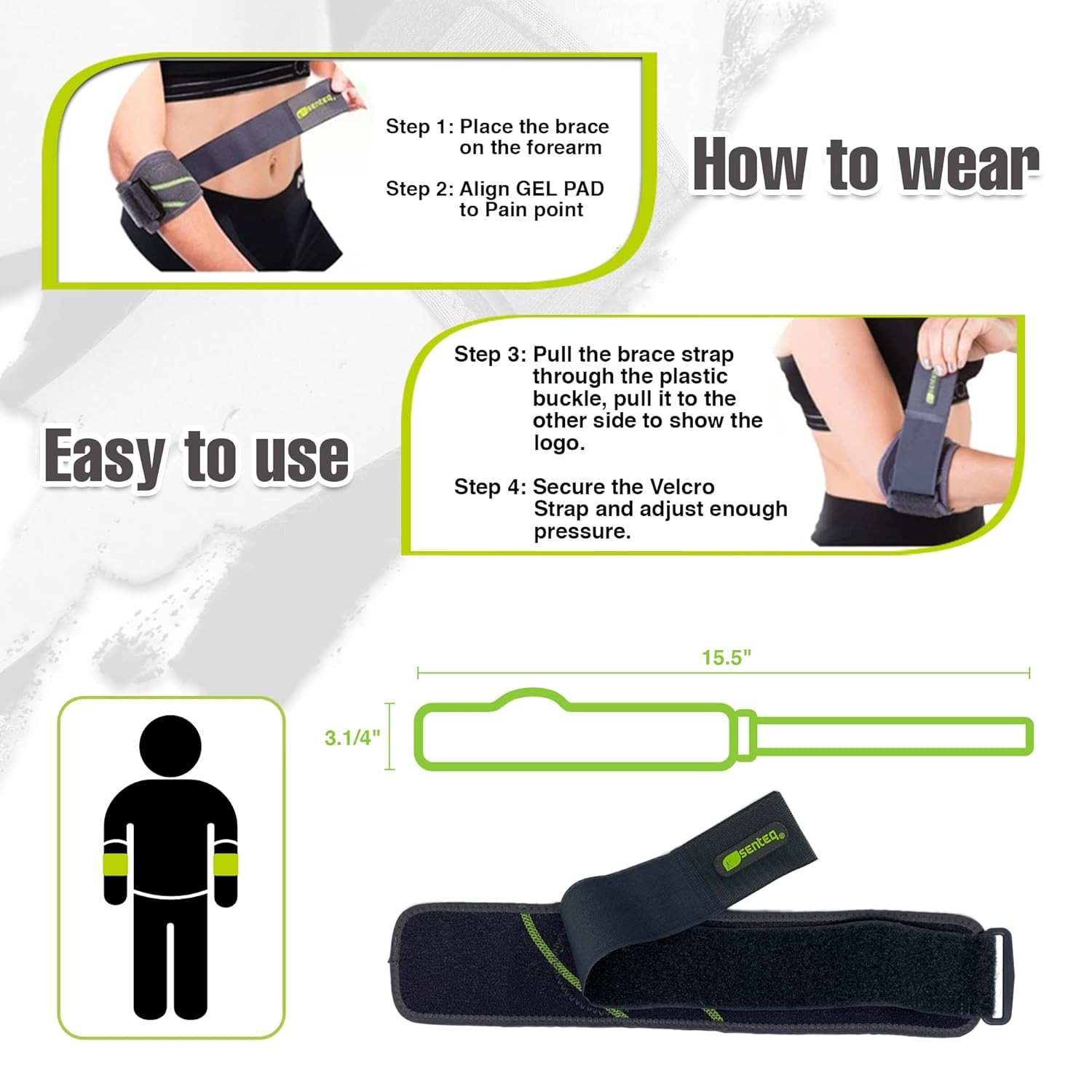 Elbow Brace Support Strap – Forearm Compression 2 Count (Pack of 1), Grey