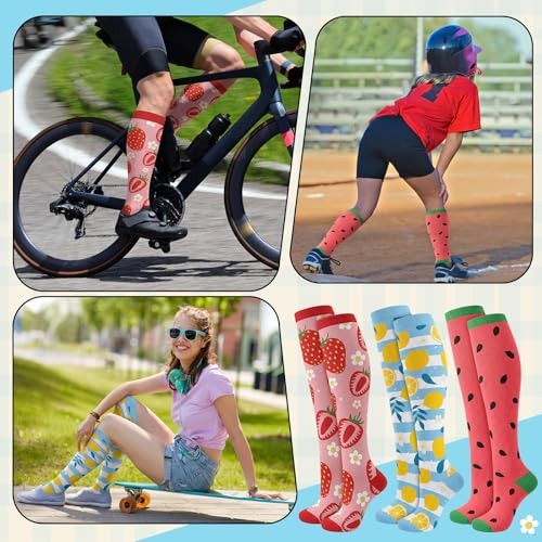 6 Pairs Funny Socks for Women and Men, Knee High over The Calf Athletic Fruits
