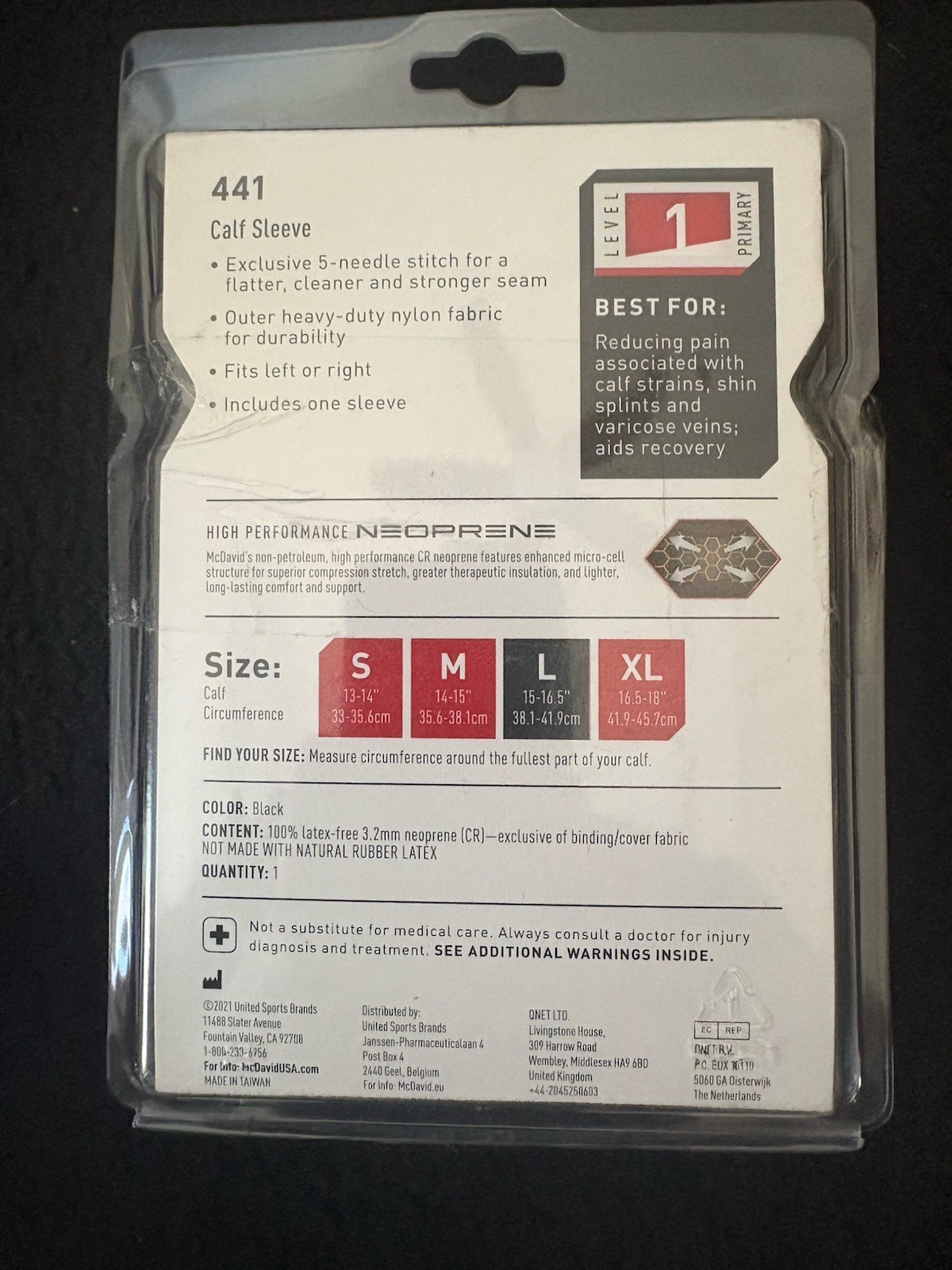 McDavid Calf Sleeve Large Black 441 Neoprene Compression Support Level 1 Light