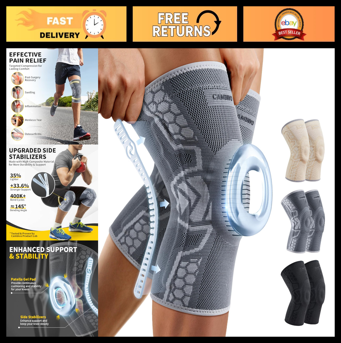 2 Pack Knee Brace Sleeves for Men & Women – Patella Gel Pad, Side Stabilizers, C