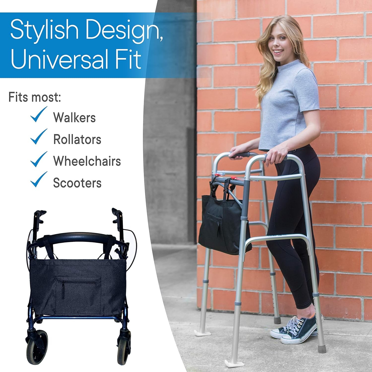 Spacious Waterproof Folding or Rolling Walker Tote Bag w/ Adjustable Straps