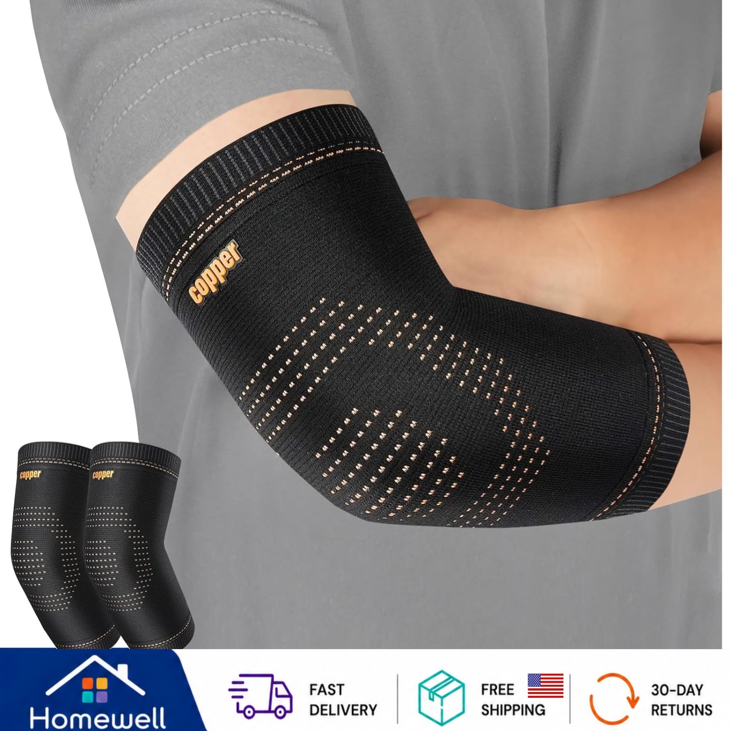 Large Copper Elbow Compression Sleeve Pair for Pain Relief & Support
