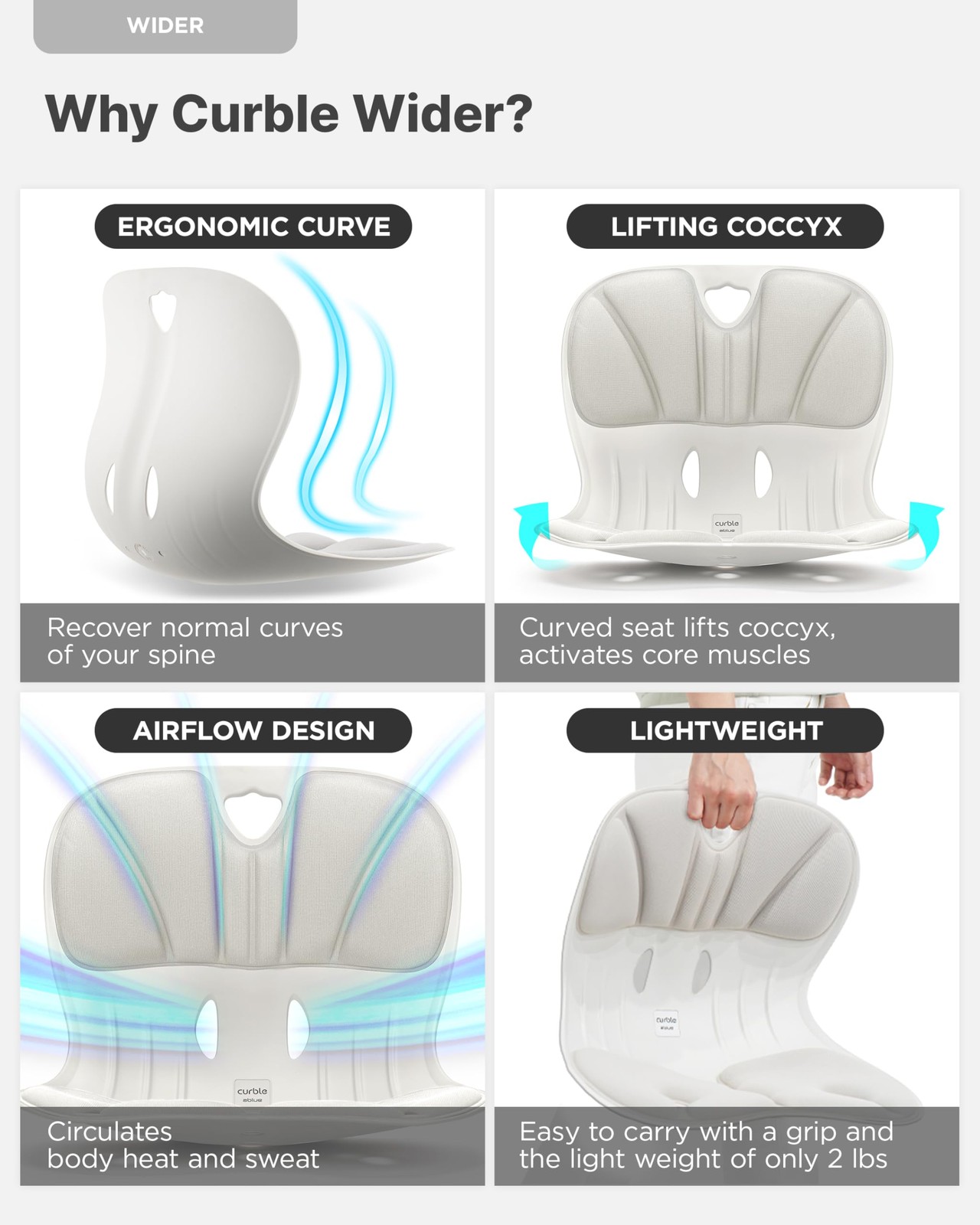 Curble Wider Ergonomic Desk Chair Seat Cushion, Everyday Passive Posture