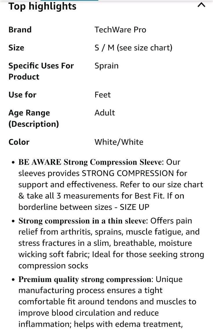 Techware Pro Compression Ankle Foot Sleeve Unisex Size S/M-NEW IN ORIGINAL PKG