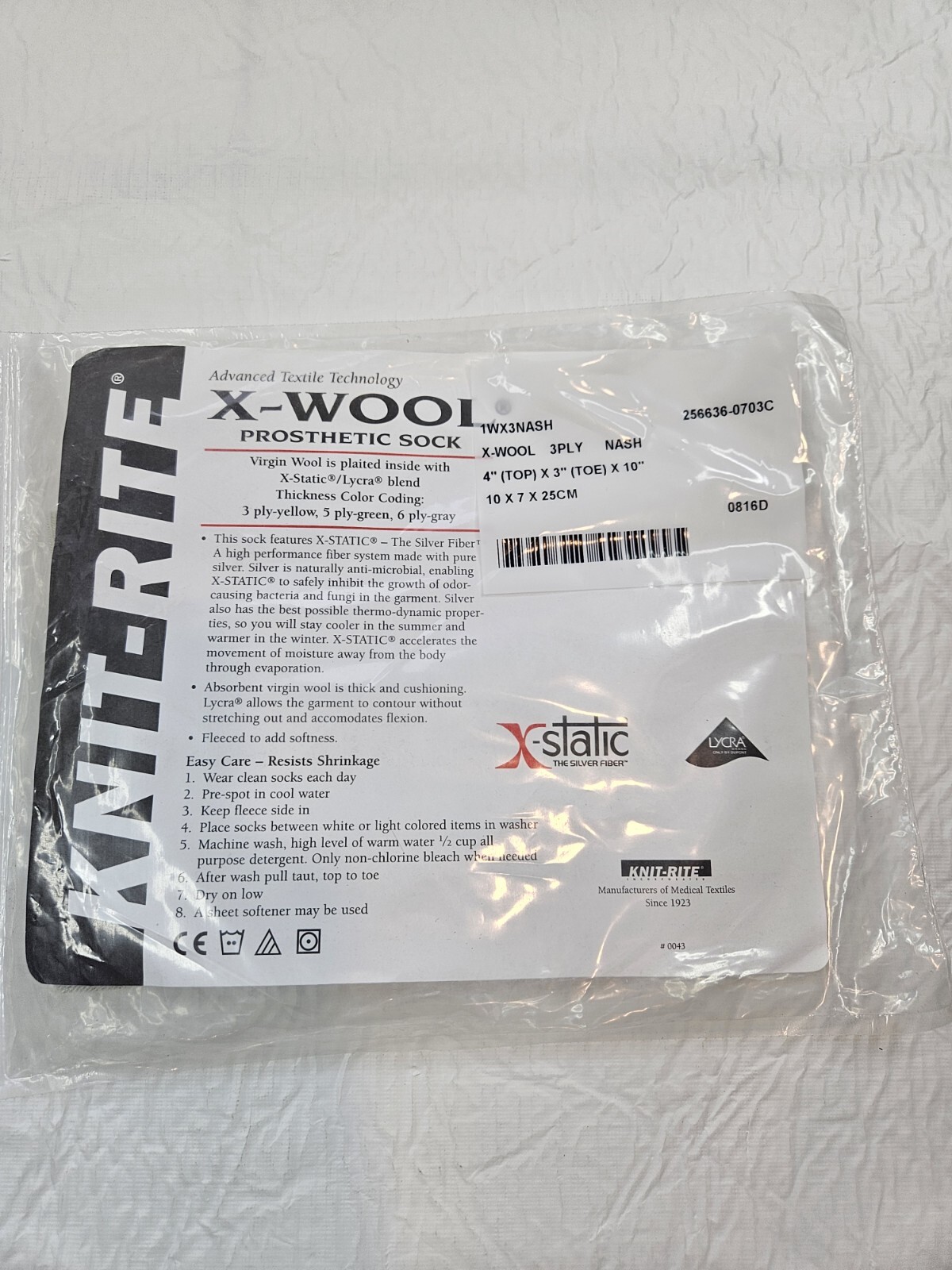 Knit Rite Prosthetic Sock X-Wool 3 Ply 4″x3″x10″ 1WX3NASH Lycra X-Static New