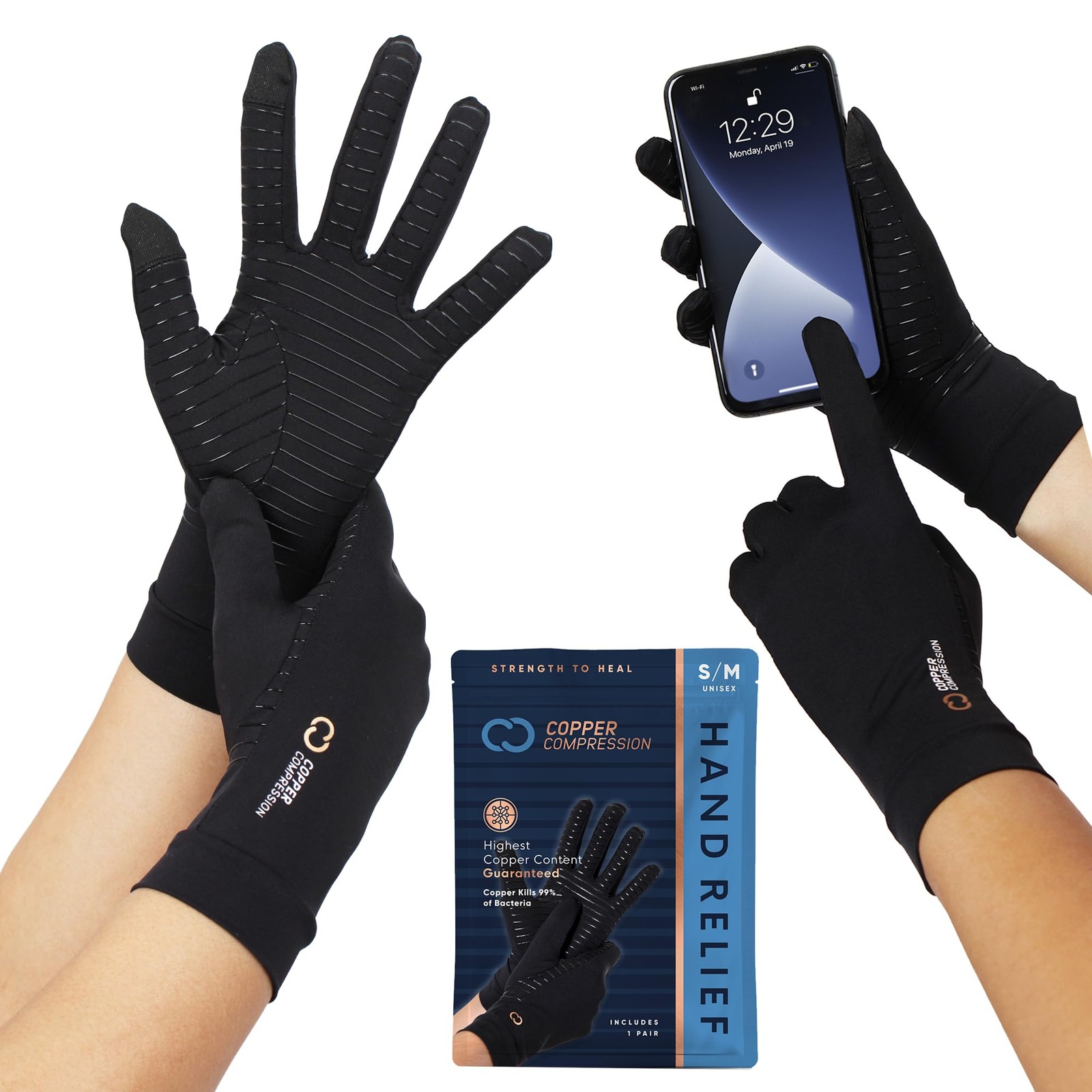 Copper Compression Full Finger Arthritis Gloves – Palm Grips – Touch