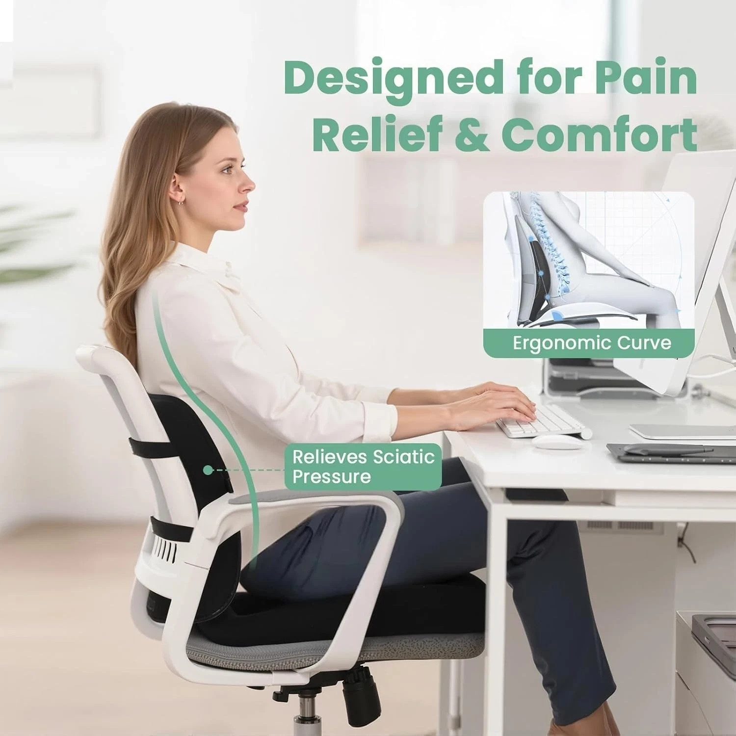 Ergonomic Memory Foam Seat Cushion & Lumbar Support for Sciatica & Back Pain