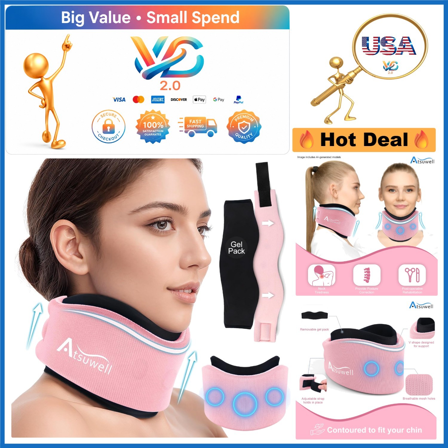 Adjustable Pink Neck Brace with Gel Pack, Posture & Pain Support