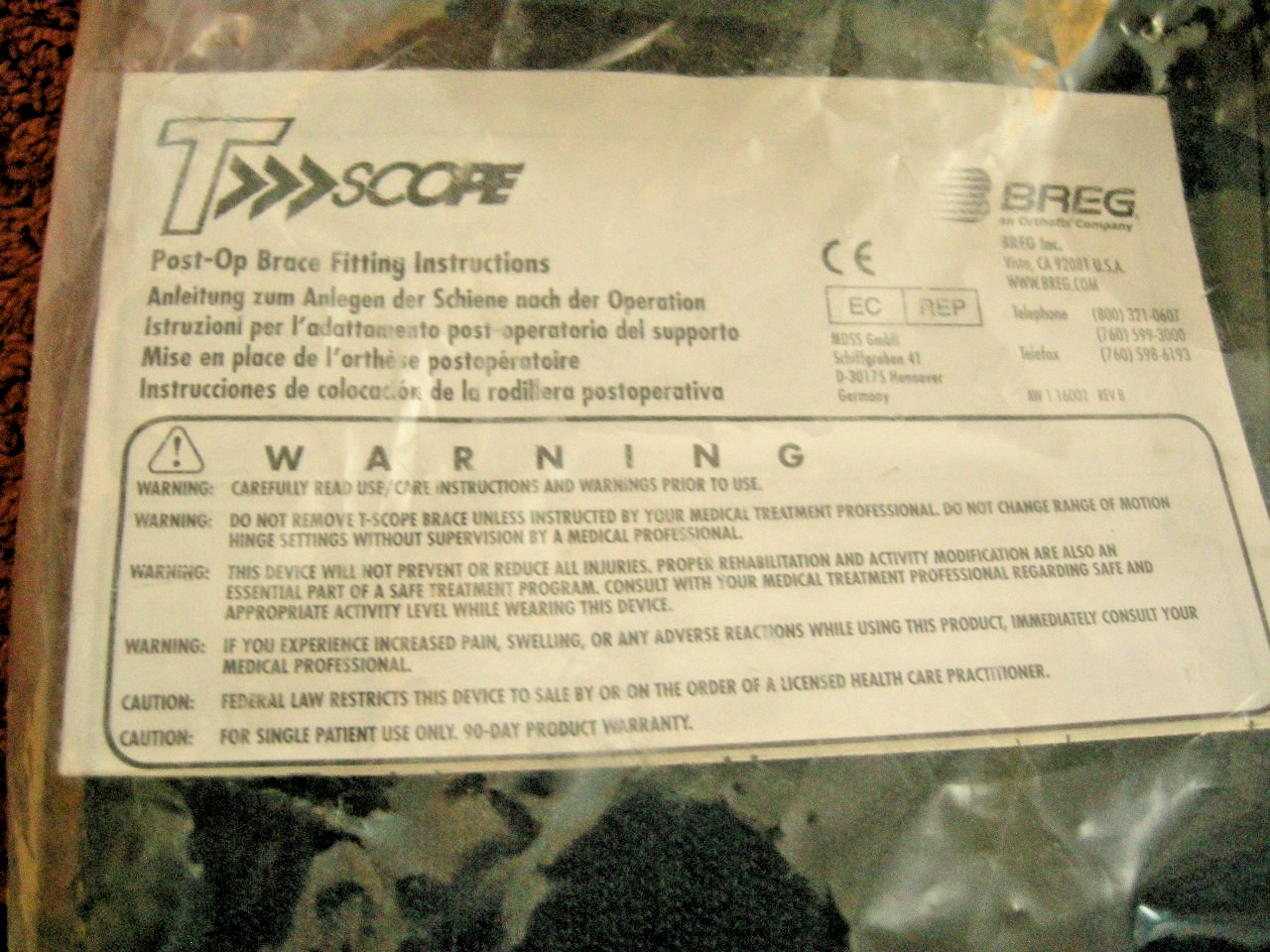 BREG Post Op T Scope MEDIUM Hinged Knee Brace Universal Standard Adj 07714 *NEW