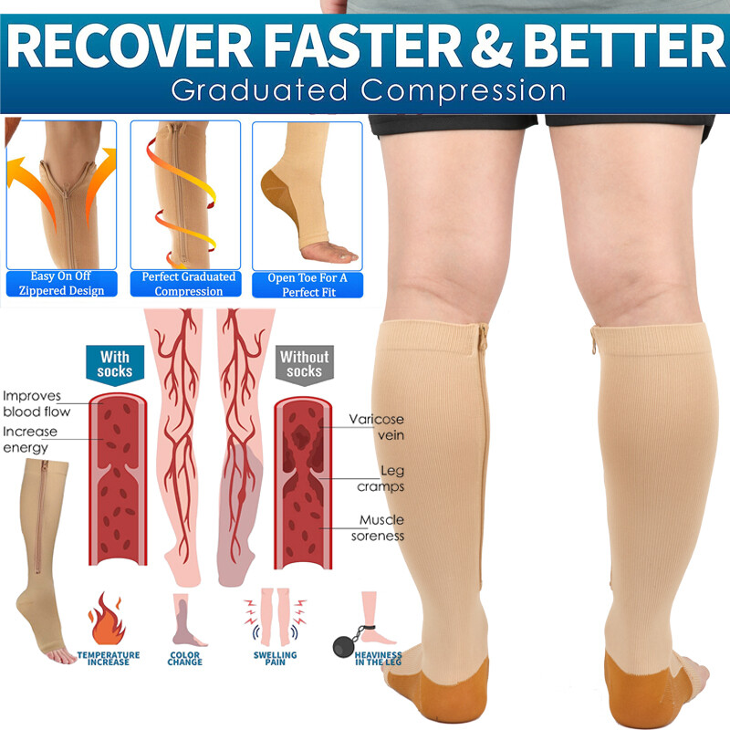 Zipper Compression Socks Support Anti-Fatigue Stockings Men Women 20-30mmHg 2PCS
