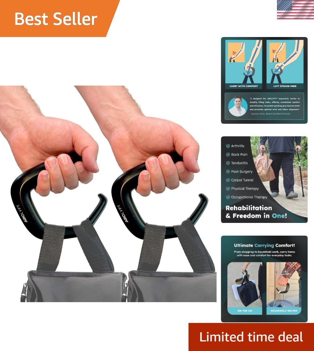 Grocery Bag Carrier 2 Pack – Invented by Board Certified Orthotist – Ergonomi…