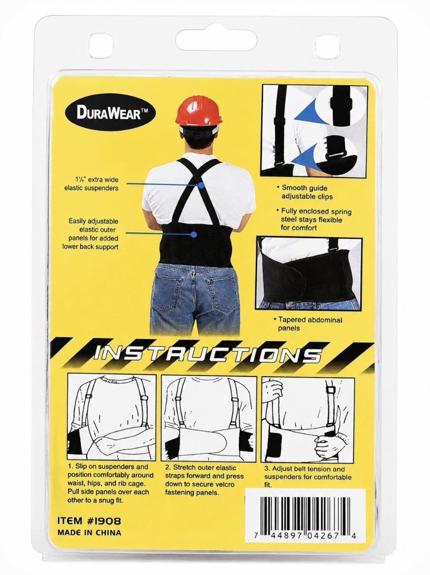 DuraWear Support Belt Back Brace w/ Suspenders Size M 36–40” Lower Back Support