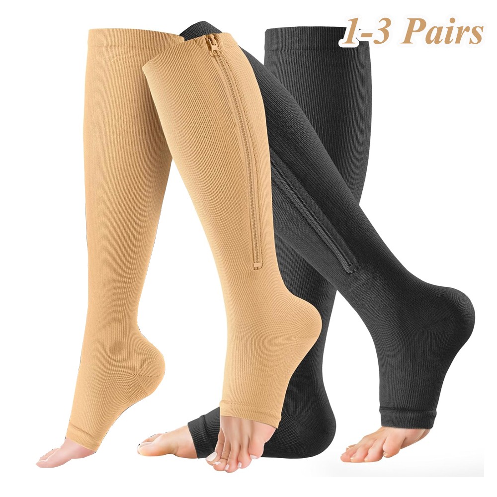 3 Pair Compression Socks Zippered Open Toe 30-40mmHg with Zipper Safe Protection