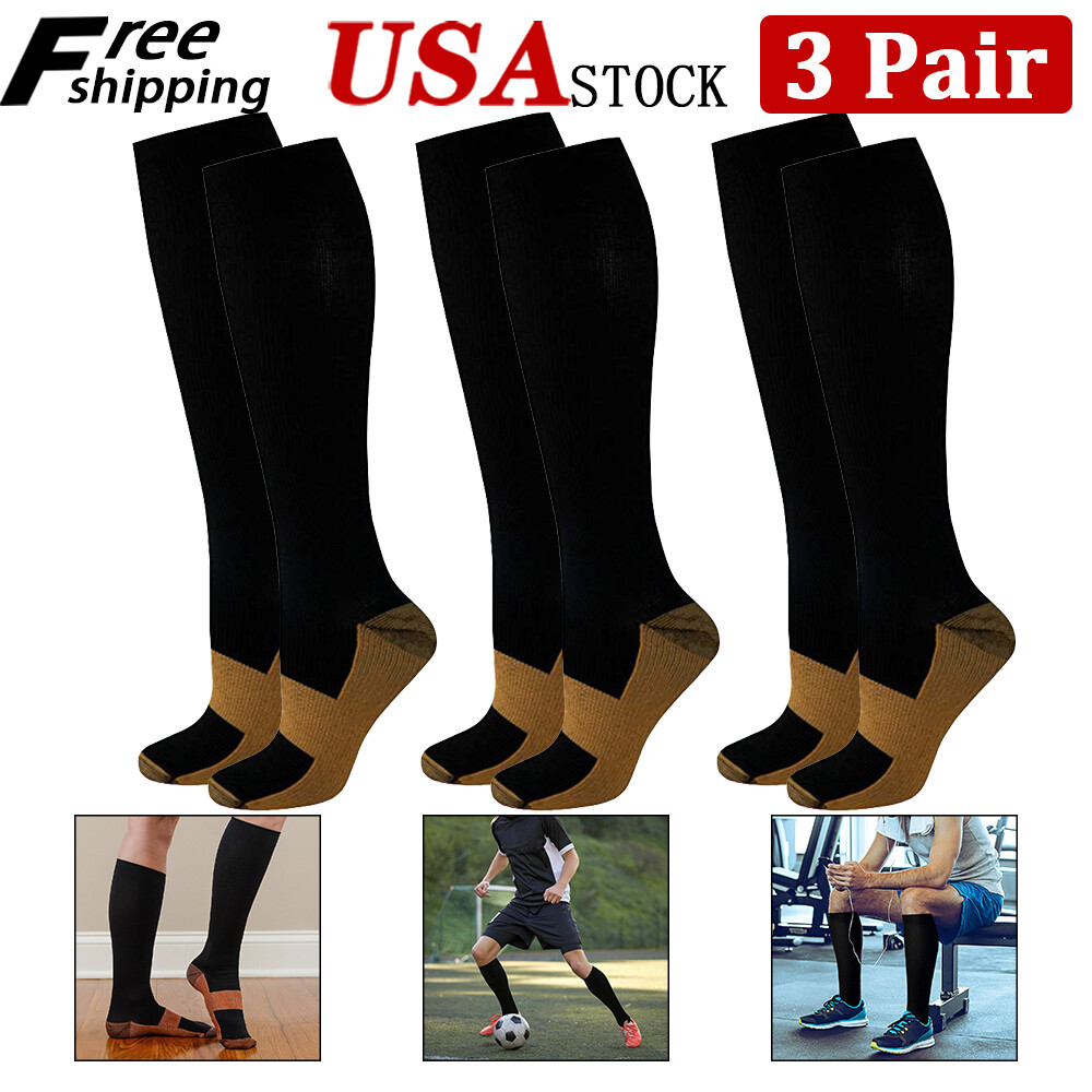 (3 Pairs) Copper Compression 20-30mmHg Graduated Support Socks Mens Womens S-XXL