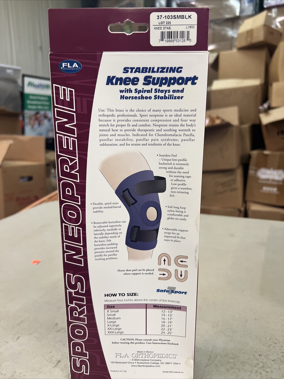 FLA Small Stabilizing Knee Support w/Spiral Stays & Horseshoe Stabilizer Blk NIB