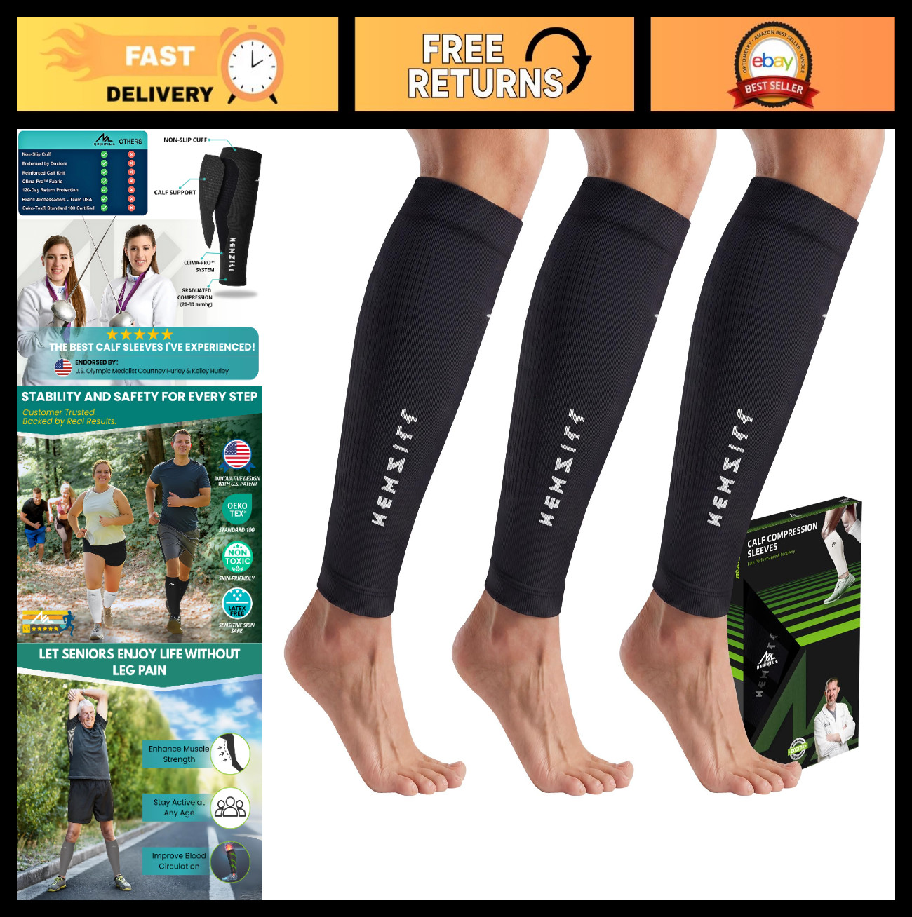 Compression Calf Sleeves 20-30mmHg for Men & Women – Ideal for Running, Travel,