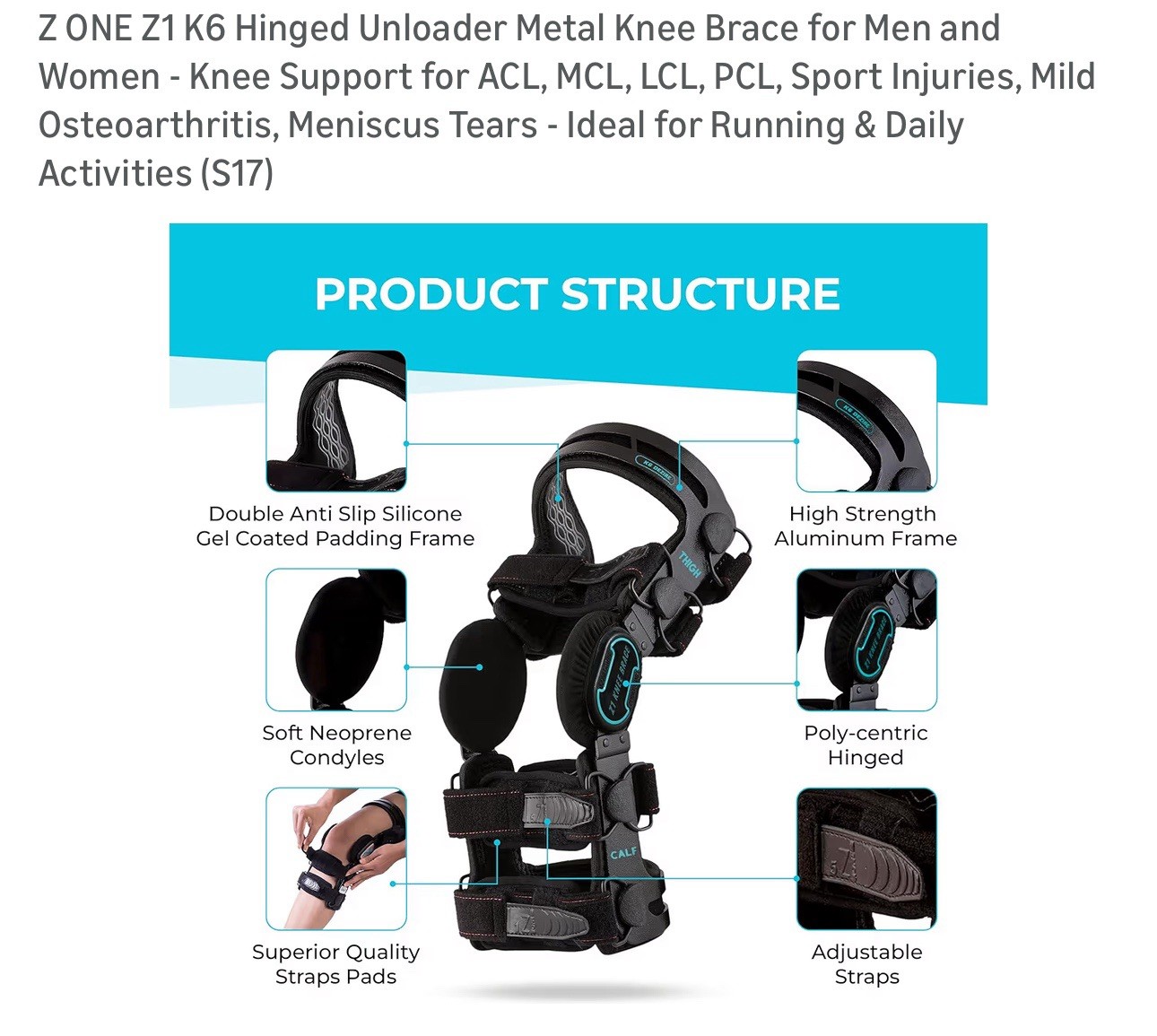 Z ONE Z1 K6 Hinged Unloader Knee Brace ACL MCL Support S17