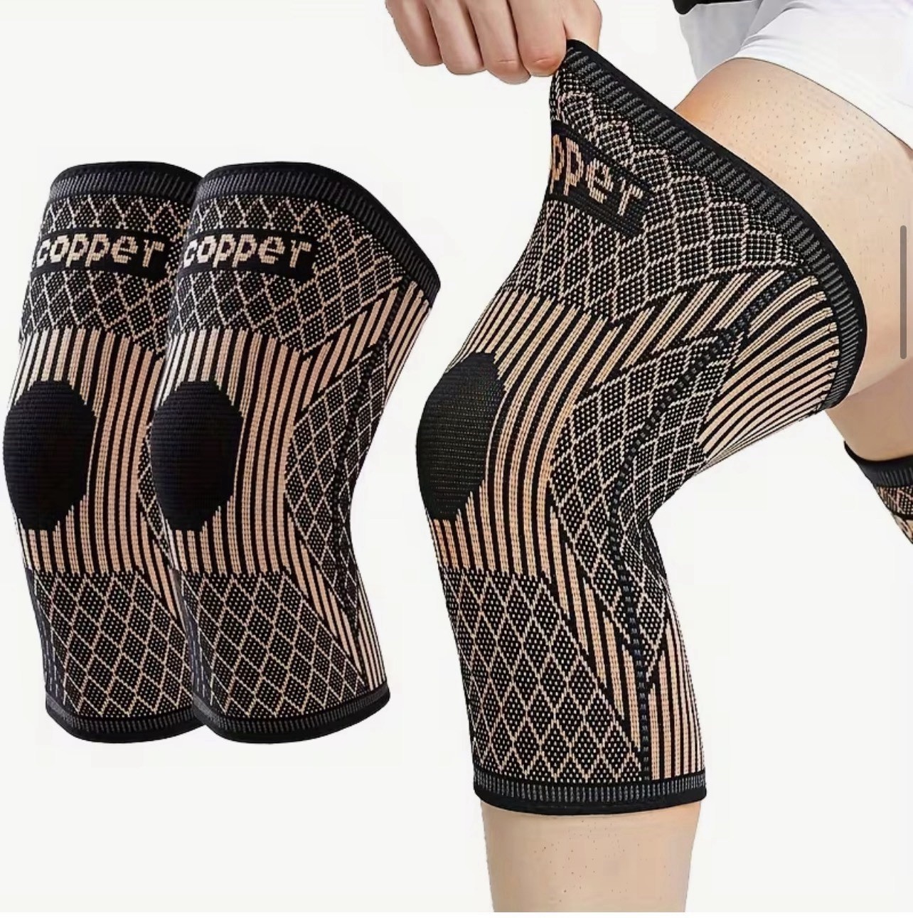 Copper Compression Knee Sleeves 2 PCS Large Black Beige Stretchable