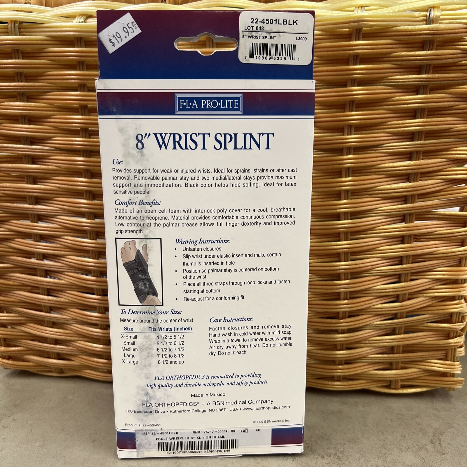 FLA PRO LITE New XL Extra Large Right 8″ Wrist Splint Black NIB Orthopedics