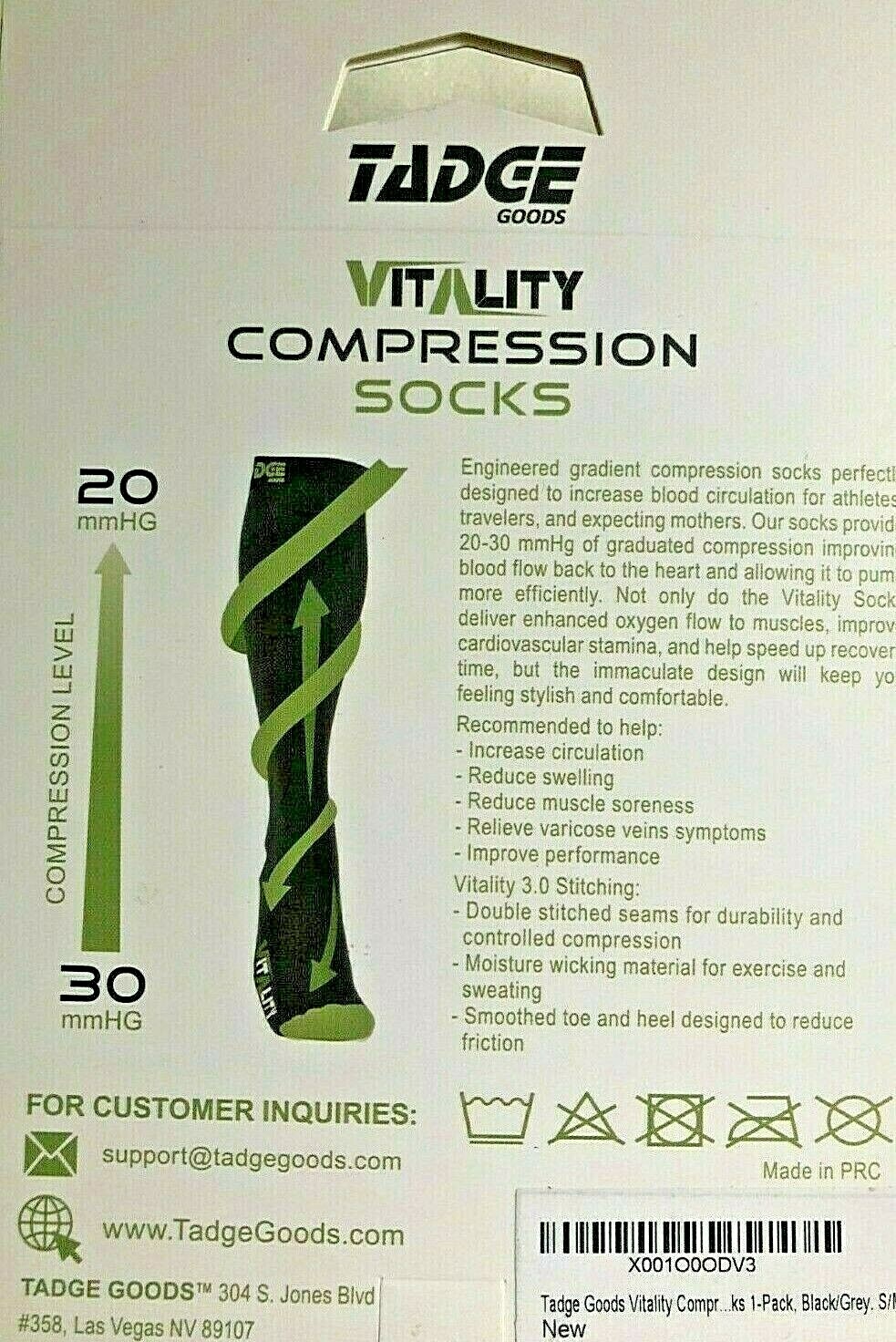 Tadge VITALITY COMPRESSION Socks Black Gray S/M Men Women 1Pair NEW in Box