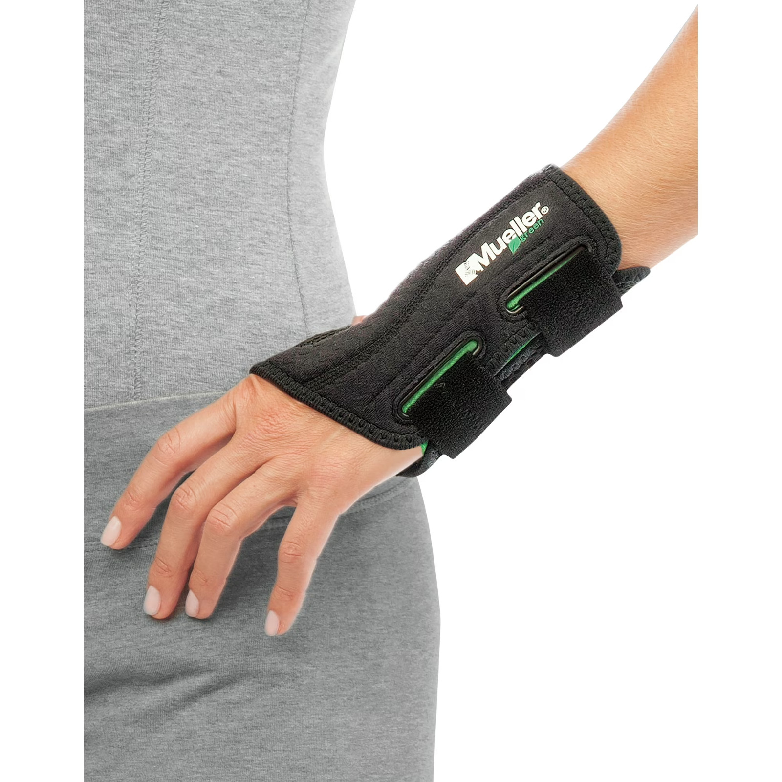 Mueller Green Fitted Wrist Brace, Left Hand, Unisex, One Size Fits Most, Black