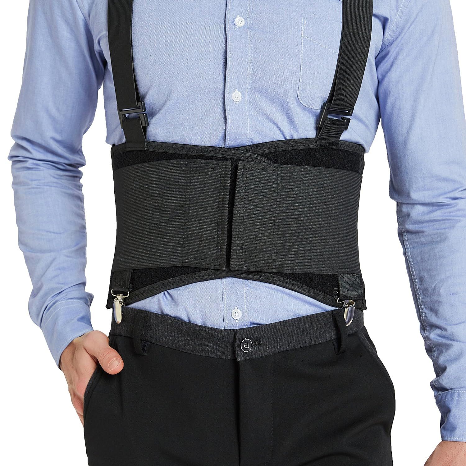 Soporte lumbar con clips para pantalones extraíbles y tirantes desmontables