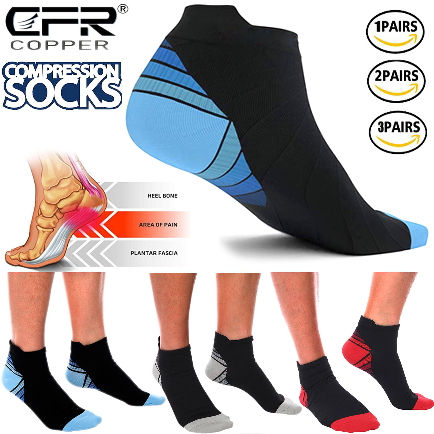 Copper Compression Running Socks Plantar Fasciitis Anti Fatigue Low Cut Pairs L6