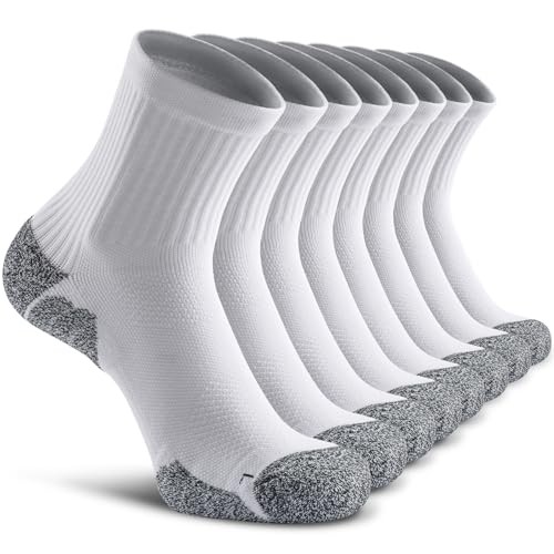 Cushioned Compression Sport Quarter Socks for Men Women Medium 8-pairs White