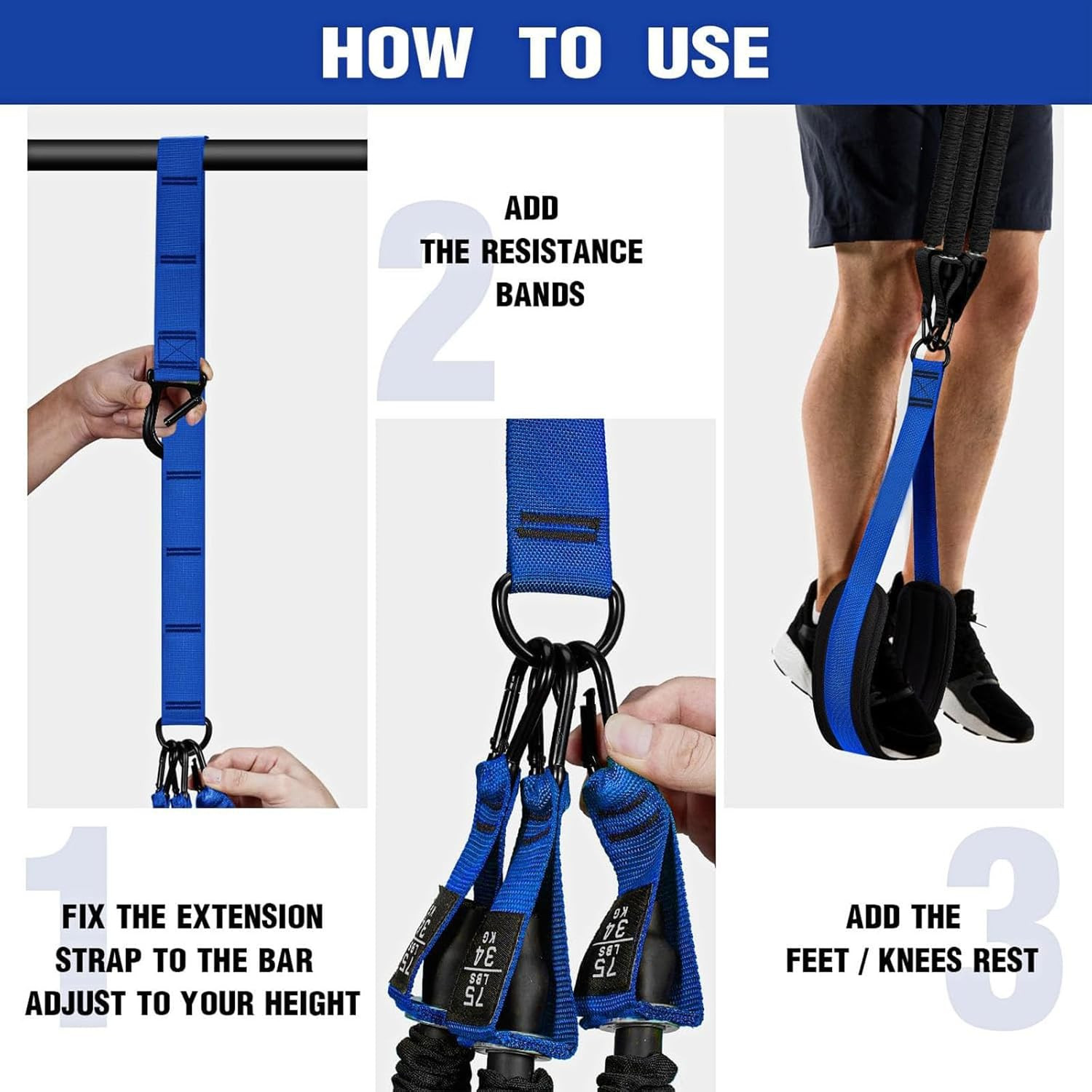 Adjustable Heavy Duty Pull up Assistance Bands with Fabric Feet and Knee Rest –