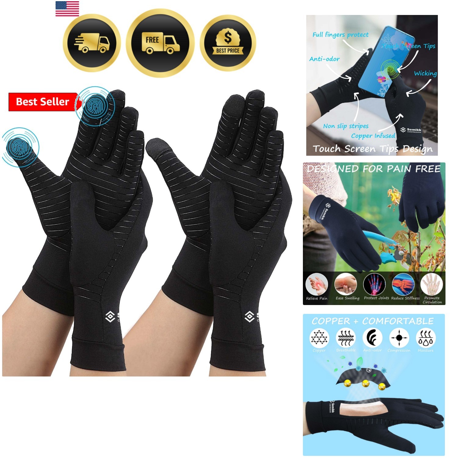 2 Pairs Compression Full Finger Arthritis Gloves, Copper Glove with Touch Scr…