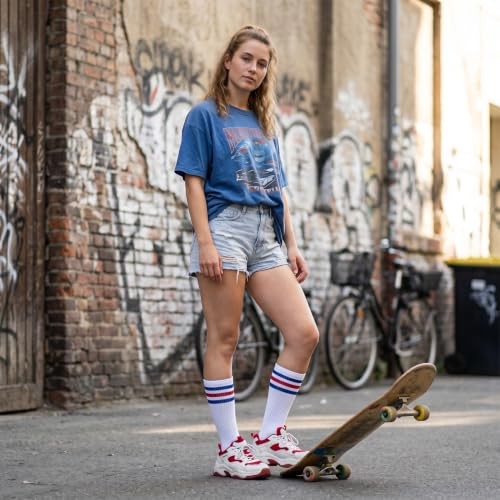 White Striped Socks, 80s Knee High Socks, Long Tube Sock with Red/White/Blue