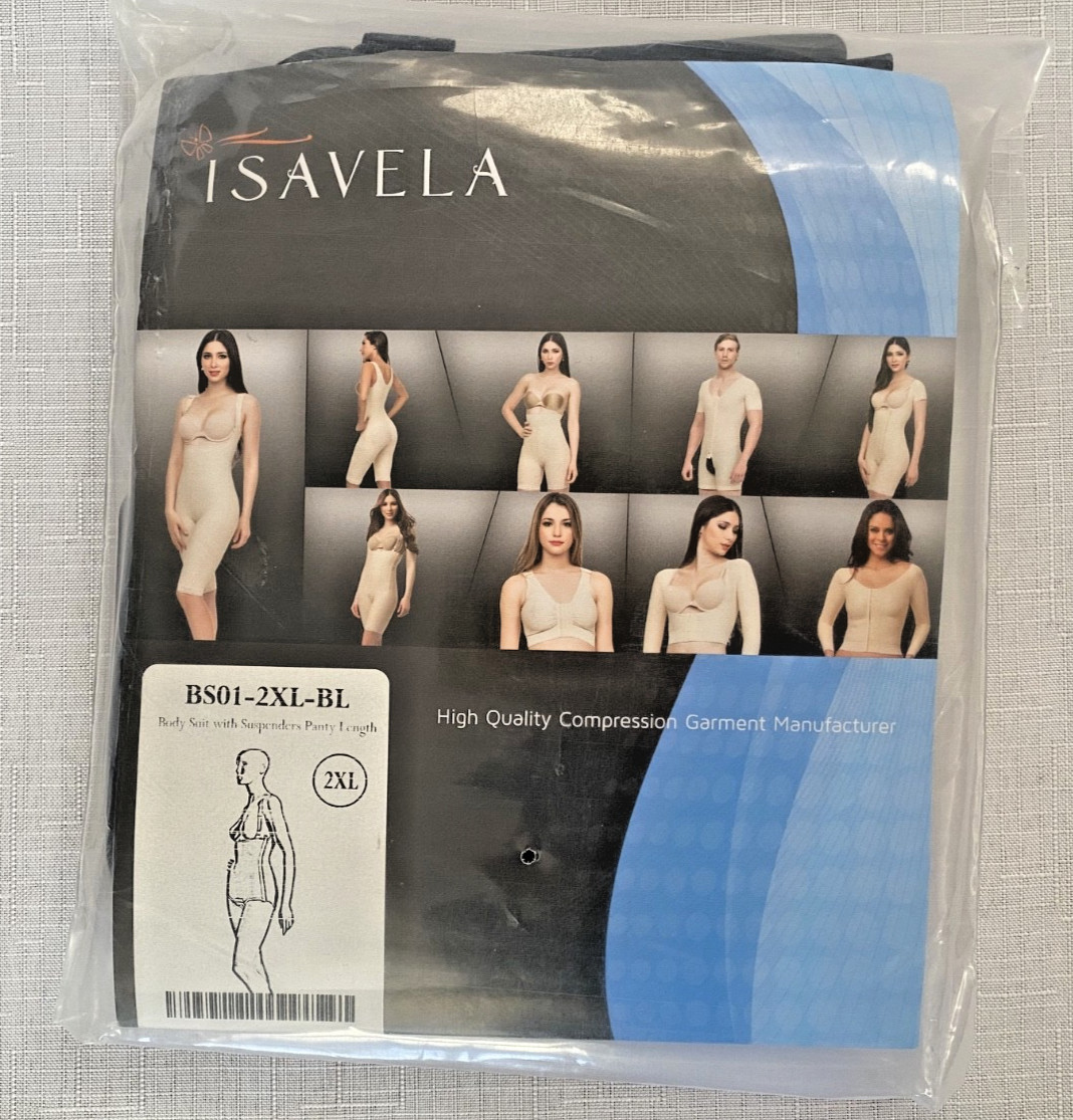 Isavela BS01-2XL-BL Compression Body Suit w/Suspenders Panty Lenght New
