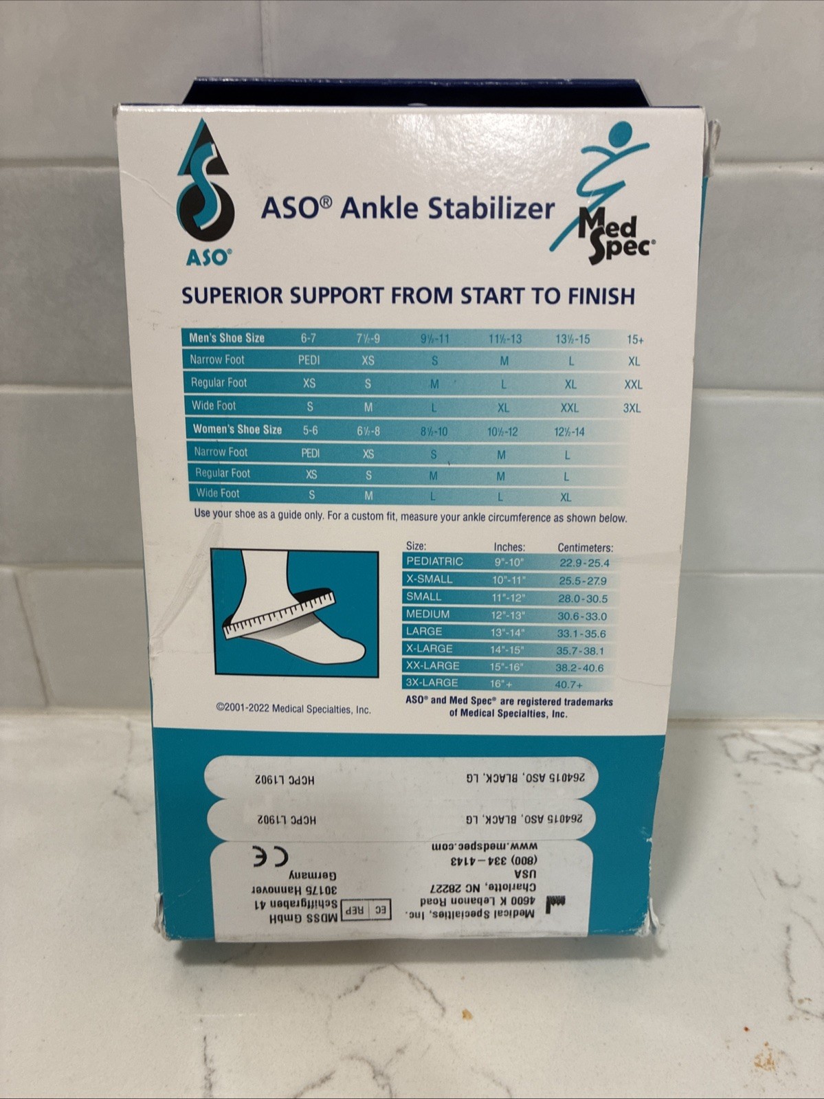 Med Spec 264015 ASO Ankle Stabilizer, Black, Large Fits Easily Into Any Shoe New