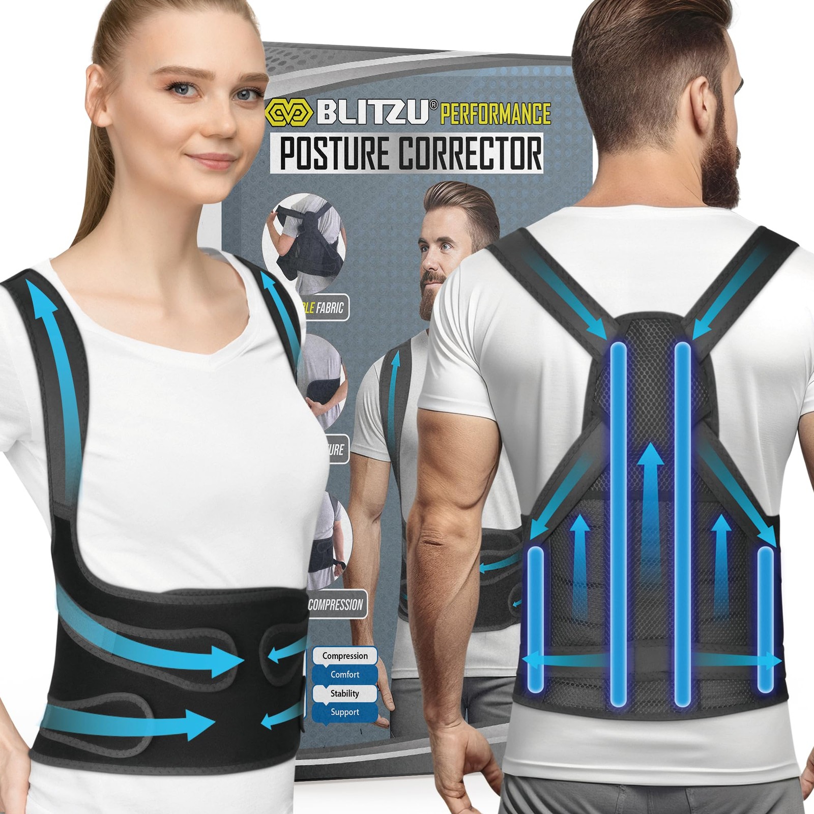 BLITZU Back Brace Posture Corrector for Women and Men. X-Large, Black