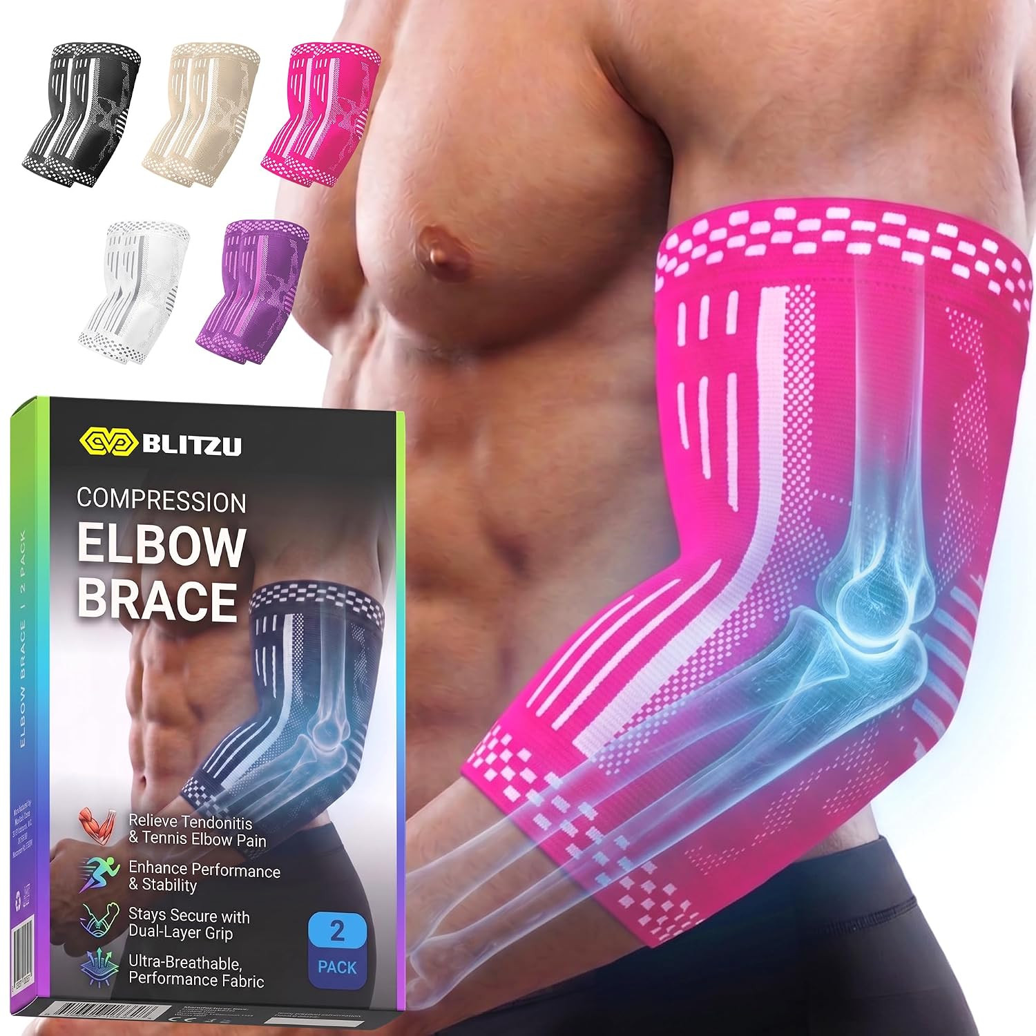 Elbow Compression Sleeve for Tendonitis 2 Pack, Tennis Elbow Brace Support for
