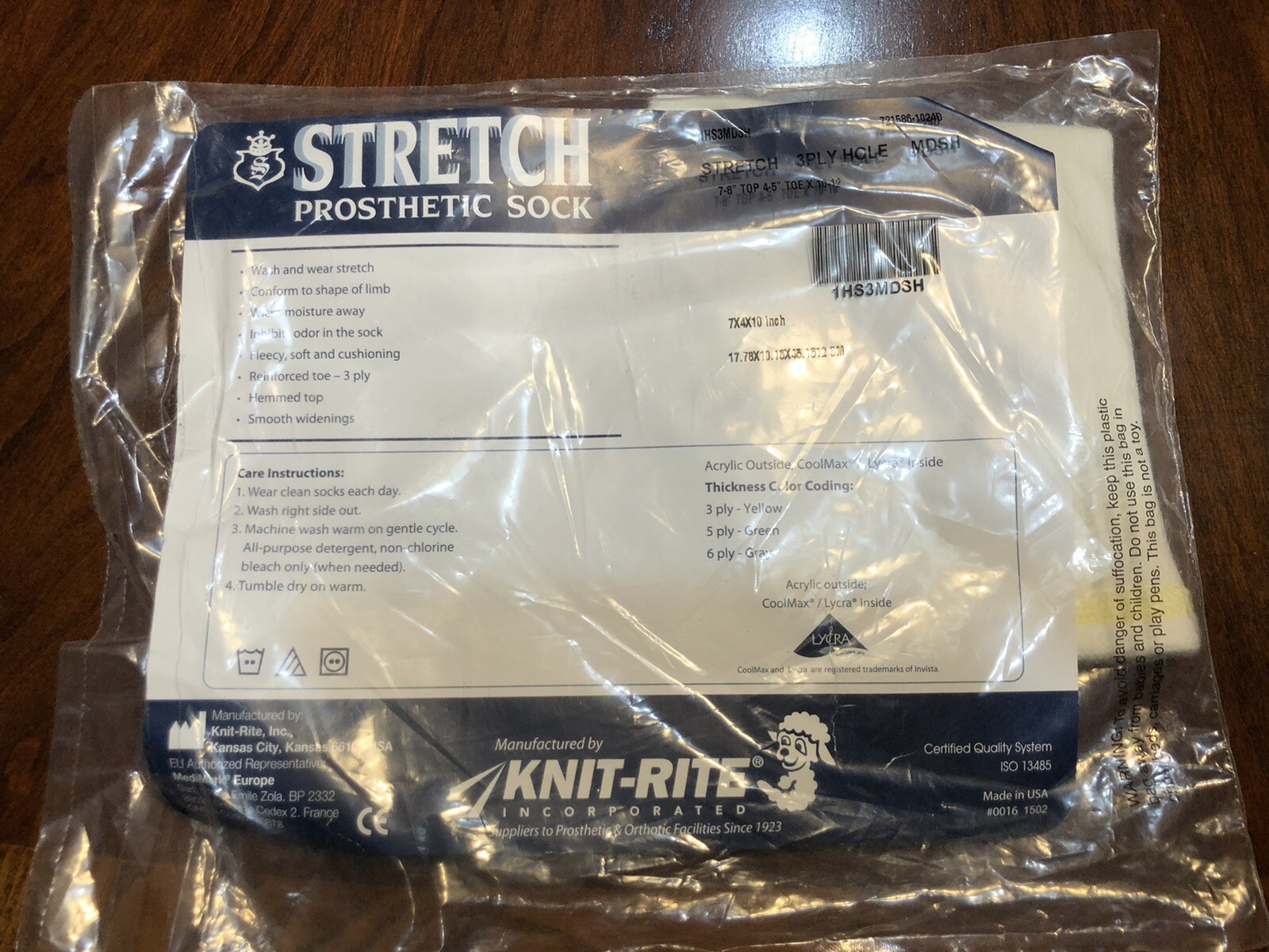 NEW KNIT-RITE STRETCH PROSTHETIC SOCK 3PLY 1HS3MDSH YELLOW COOLMAX LYCRA