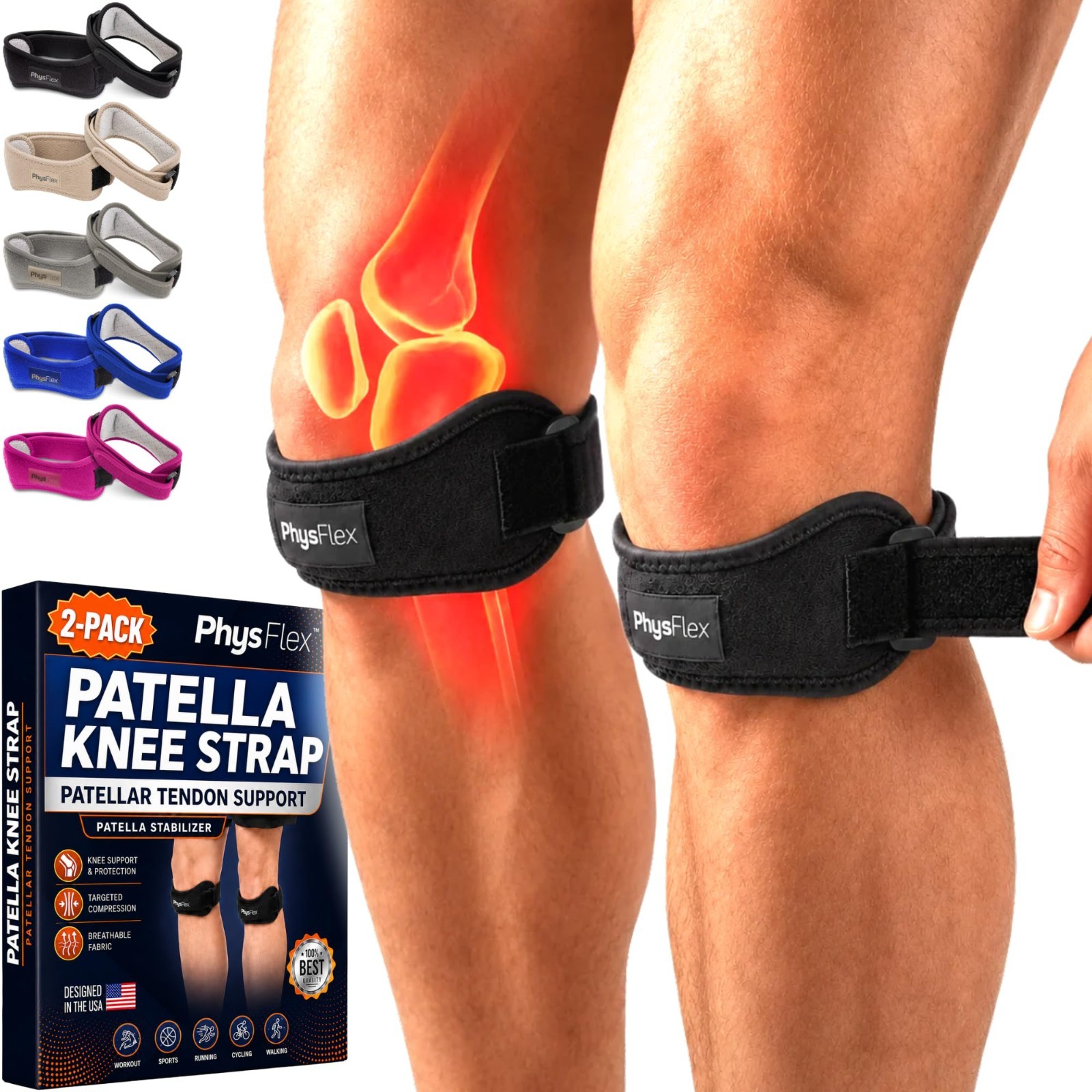 2 Pack Adjustable Knee Brace Support Straps for Pain Relief | Jumper’s Knee, Ten