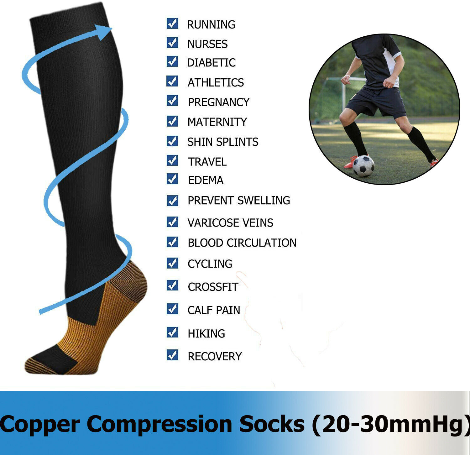 3 Pairs Copper Compression Socks Support Graduated Stockings Men Women 20-30mmHg